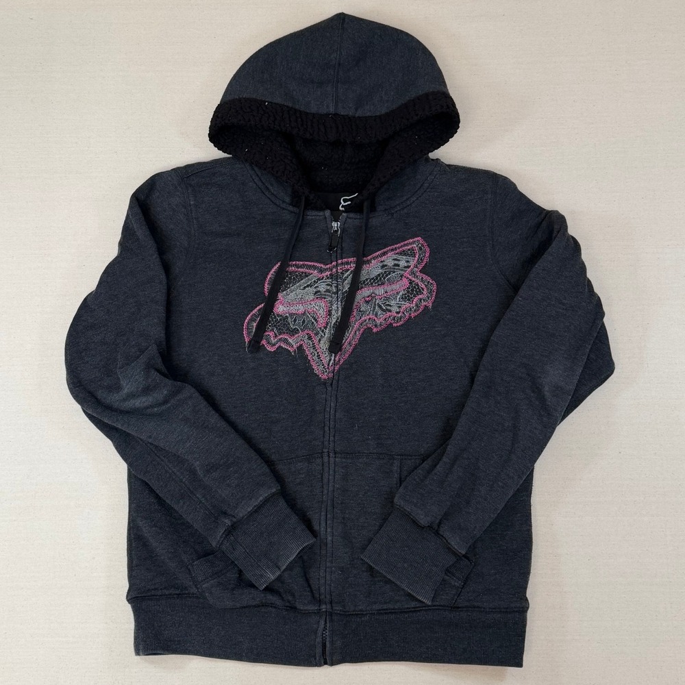 Fox Racing Womens XL Zip Up Hoodie Charcoal Gray Sherpa Hood Lace Logo Graphic